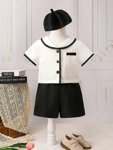 Baby Boy Contrast Binding Shirt & Shorts - Black and White - View 6