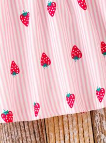 SHEIN 小女童條紋圖案和草莓圖案荷葉邊洋裝帶配件髮箍 - 粉色 - 查看 4