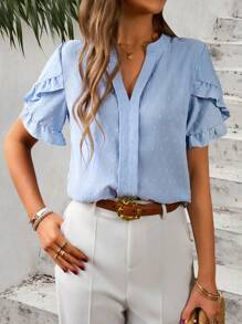SHEIN LUNE Swiss Dot Ruffle Trim Petal Sleeve Popover Blouse