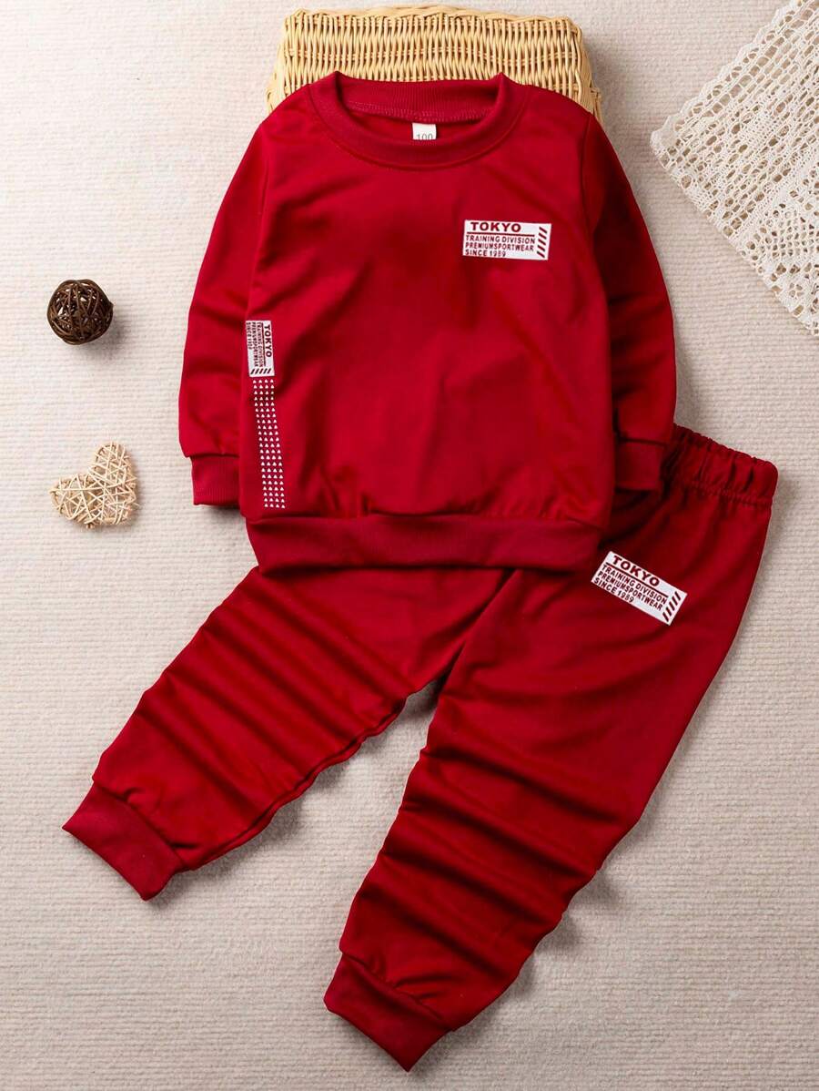 SHEIN Young Boy Letter Graphic Sweatshirt & Sweatpants - Red - View 1