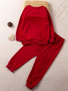SHEIN Young Boy Letter Graphic Sweatshirt & Sweatpants - Red - View 2