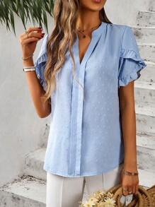 SHEIN LUNE Swiss Dot Ruffle Trim Petal Sleeve Popover Blouse
