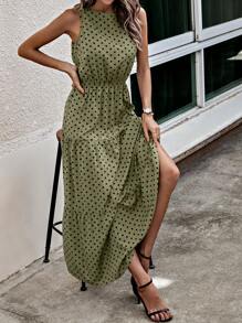 SHEIN LUNE 波尔卡圆点印花荷叶边下摆连衣裙（无腰带）女式超长套装 - 軍綠色 - 查看 4