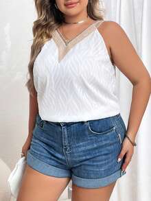 SHEIN LUNE Plus Contrast Lace Sleeveless Blouse - White - View 4