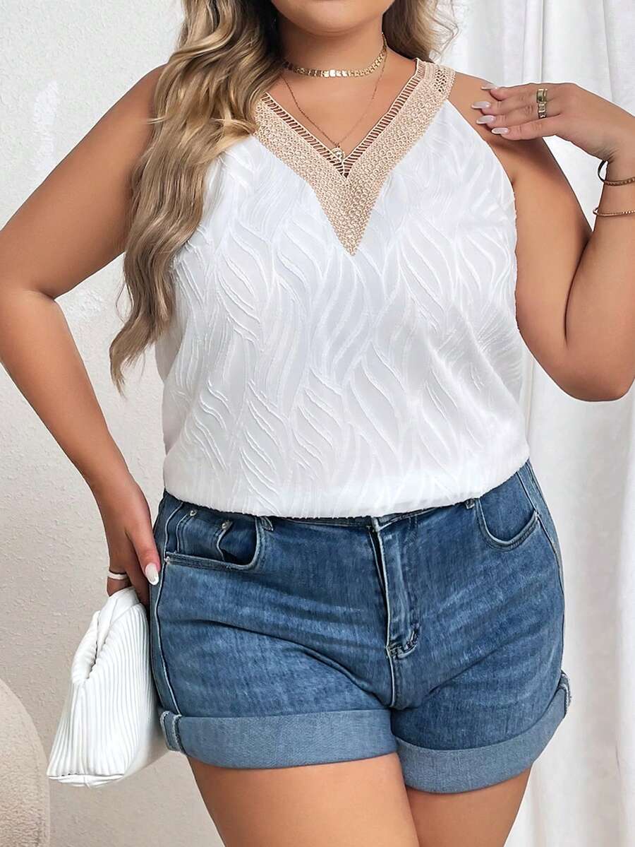 SHEIN LUNE Plus Contrast Lace Sleeveless Blouse - White - View 1