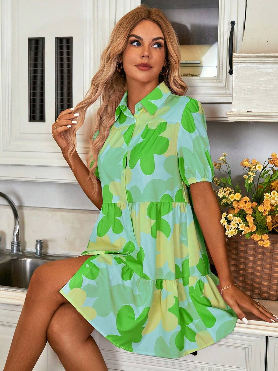 SHEIN LUNE Đầm Viên lá sen Nút phía trước Tất cả trên in Dễ thương - màu xanh lá - Xem 1