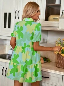 SHEIN LUNE Đầm Viên lá sen Nút phía trước Tất cả trên in Dễ thương - màu xanh lá - Xem 2
