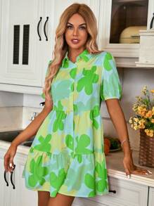 SHEIN LUNE Đầm Viên lá sen Nút phía trước Tất cả trên in Dễ thương - màu xanh lá - Xem 3