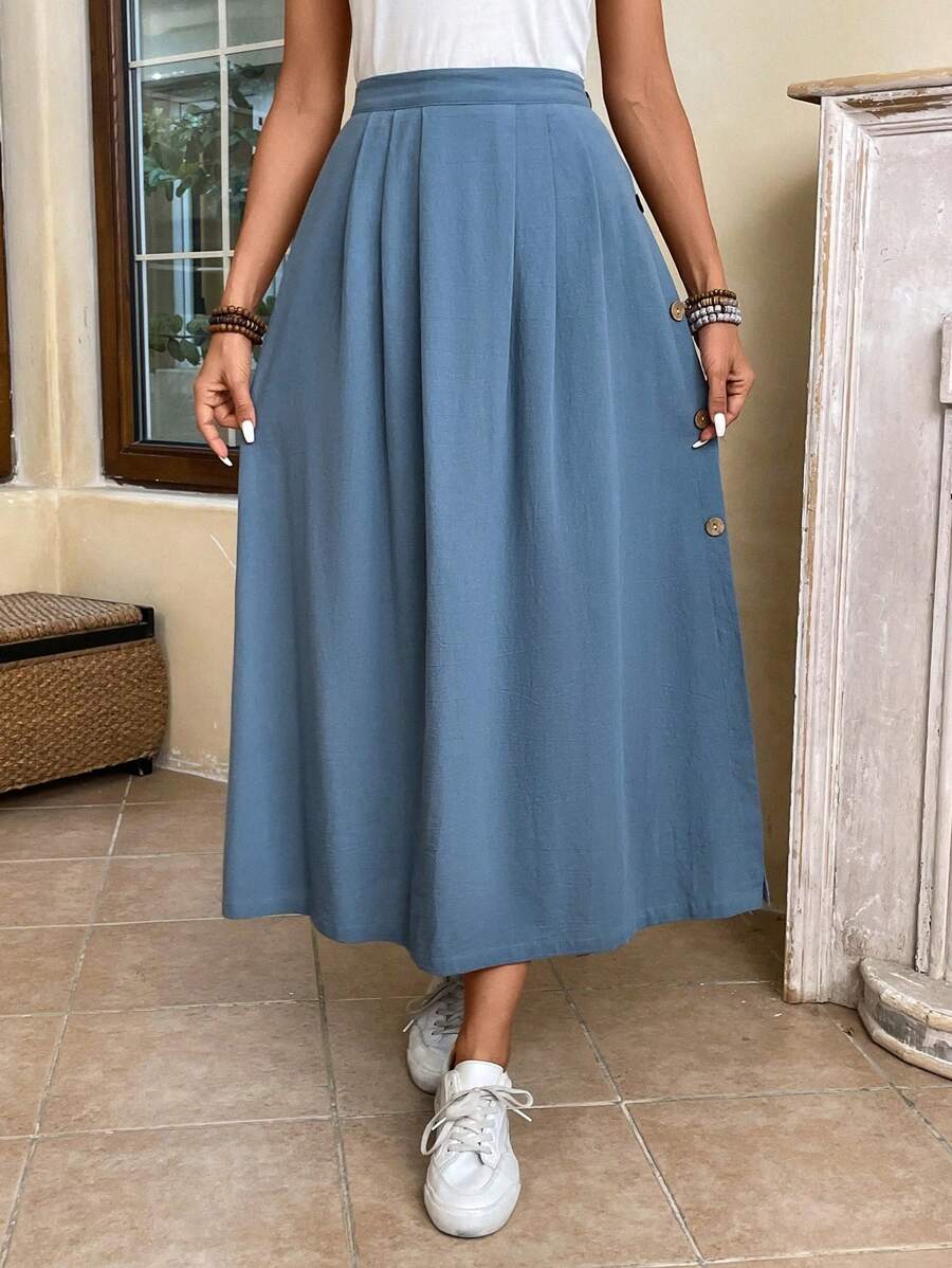 EMERY ROSE High Waist Button Side Fold Pleated Detail Skirt - Dusty Blue - View 1