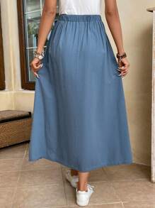 EMERY ROSE High Waist Button Side Fold Pleated Detail Skirt - Dusty Blue - View 2