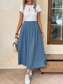 EMERY ROSE High Waist Button Side Fold Pleated Detail Skirt - Dusty Blue - View 5