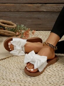 Dép Xăng Đan Trắng Thanh Lịch Cho Nữ, Xăng Đan Trượt Trang Trí Nơ - trắng - Xem 2