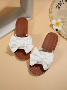 Dép Xăng Đan Trắng Thanh Lịch Cho Nữ, Xăng Đan Trượt Trang Trí Nơ - trắng - Xem 5