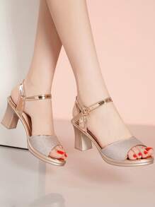 Xăng đan màu sâm panh quyến rũ dành cho nữ, Xăng đan có dây đeo đến mắt cá chân gót chunky lấp lánh - Rượu sâm banh - Xem 1