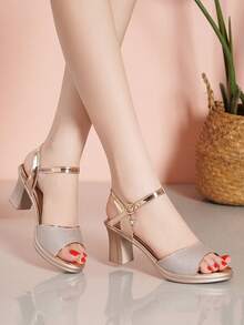 Xăng đan màu sâm panh quyến rũ dành cho nữ, Xăng đan có dây đeo đến mắt cá chân gót chunky lấp lánh - Rượu sâm banh - Xem 4