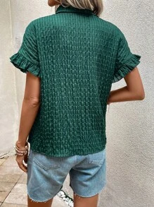 EMERY ROSE 素色前紐扣荷葉袖襯衫 - 墨綠色 - 查看 4