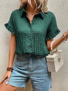 EMERY ROSE 素色前紐扣荷葉袖襯衫 - 墨綠色 - 查看 5