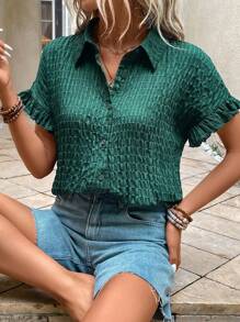 EMERY ROSE 素色前紐扣荷葉袖襯衫 - 墨綠色 - 查看 2