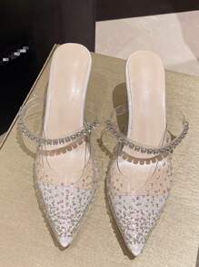 魅力四射高跟鞋適用於女士水鑽裝飾透明高跟帶跟穆勒鞋 - 米色 - 查看 3