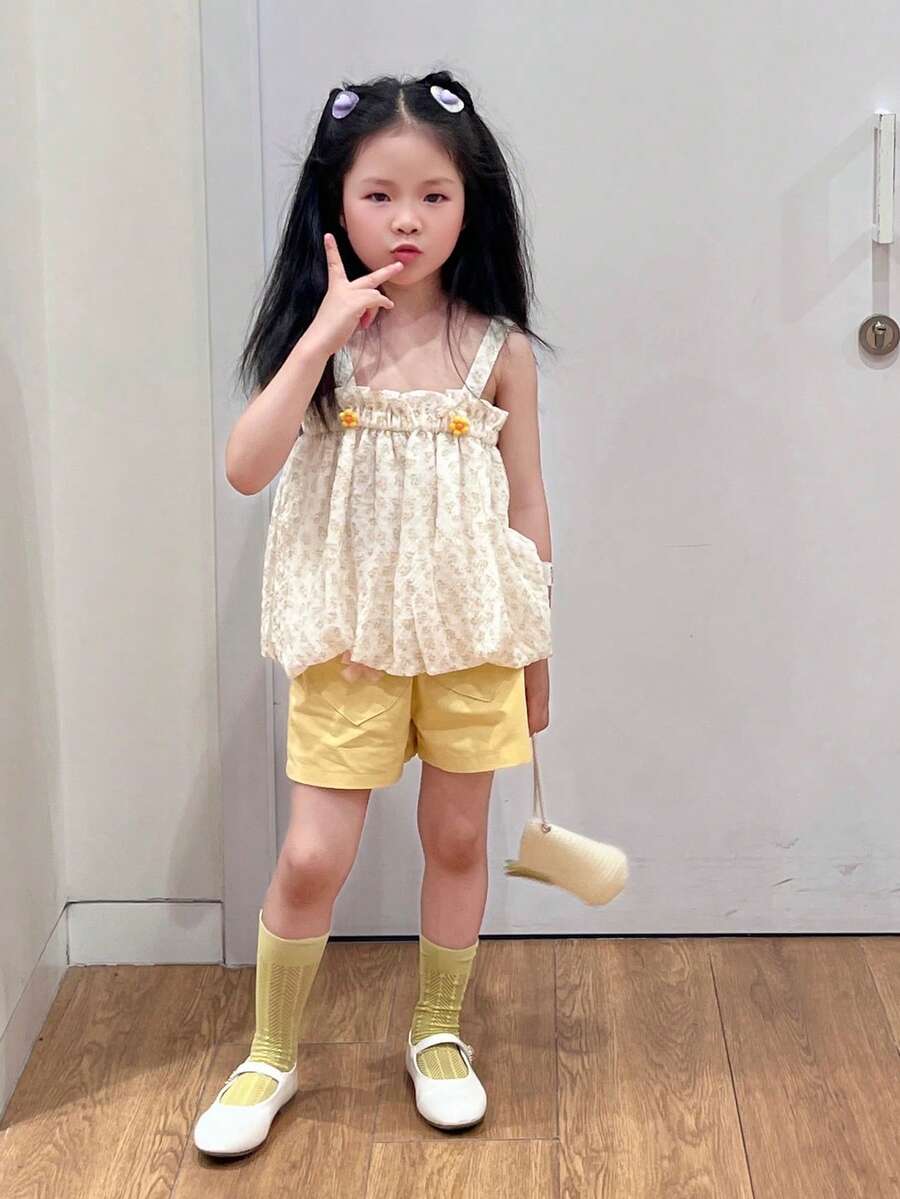2件套小女孩甜美可愛無袖上衣短褲套裝夏季休閒舒適田園風格 - 黃色 - 查看 1