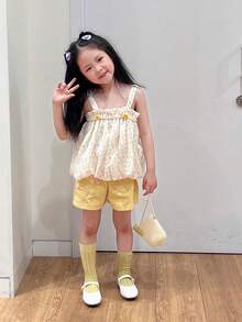 2件套小女孩甜美可愛無袖上衣短褲套裝夏季休閒舒適田園風格 - 黃色 - 查看 3