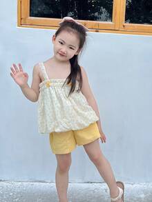 2件套小女孩甜美可愛無袖上衣短褲套裝夏季休閒舒適田園風格 - 黃色 - 查看 4