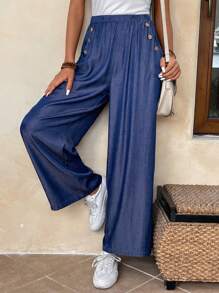 EMERY ROSE Button Detail Slant Pocket Pants - Blue - View 1