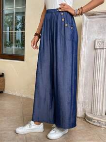 EMERY ROSE Button Detail Slant Pocket Pants - Blue - View 4