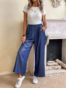 EMERY ROSE Button Detail Slant Pocket Pants - Blue - View 6