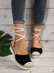 女式坡跟鞋，仿麂皮麻底坡跟鞋 - 黑色 - 查看 3