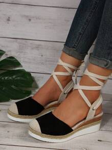 女式坡跟鞋，仿麂皮麻底坡跟鞋 - 黑色 - 查看 4