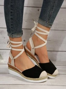 女式坡跟鞋，仿麂皮麻底坡跟鞋 - 黑色 - 查看 5