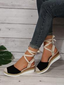 女式坡跟鞋，仿麂皮麻底坡跟鞋 - 黑色 - 查看 7