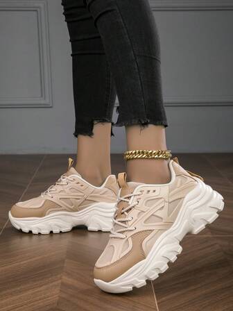 女式運動型粗跟運動鞋，撞色正面繫帶運動鞋