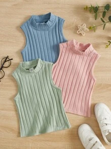 SHEIN Leap Crew 3pcs/Set Young Girl Solid Color Sleeveless Turtleneck Crop Top - Multicolor - View 1