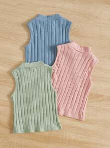 SHEIN Leap Crew 3pcs/Set Young Girl Solid Color Sleeveless Turtleneck Crop Top - Multicolor - View 2