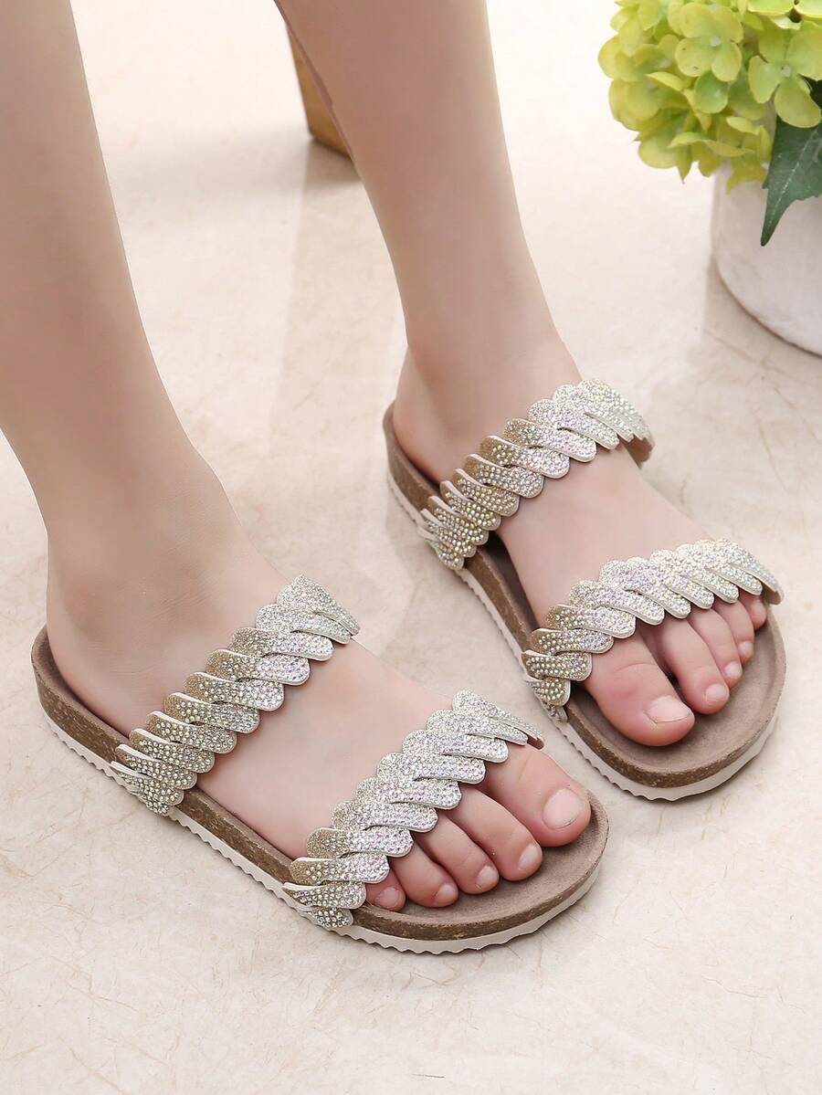 Chicas Zapatillas con diseño de diamante de imitación con doble banda para verano - Dorado - Ver 1