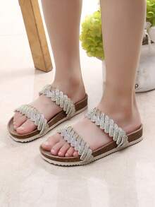 Chicas Zapatillas con diseño de diamante de imitación con doble banda para verano - Dorado - Ver 3