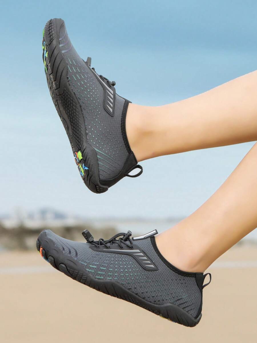 Sporty Water Shoes For Women, Striped Pattern Drawstring Design Creek Shoes - Dark Grey - View 1