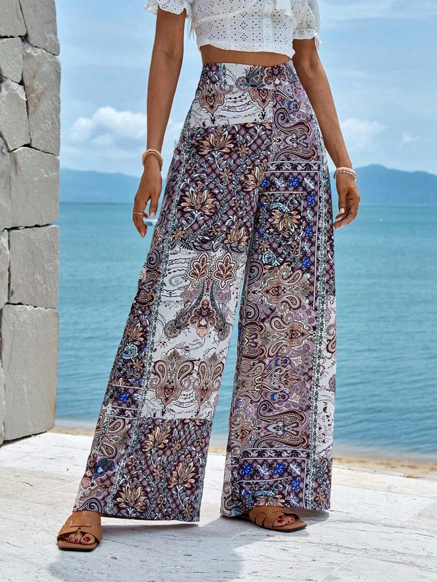 EURMUSE Paisley Print Wide Leg Trousers - Multicolor - View 1