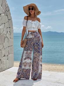 EURMUSE Paisley Print Wide Leg Trousers - Multicolor - View 6