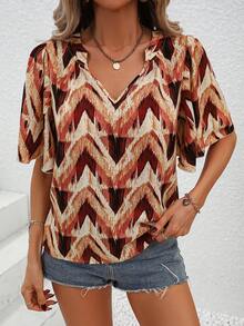 SHEIN Unity Chevron Print Flounce Sleeve Blouse - Multicolor - View 4