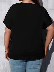 SHEIN LUNE Plus Contrast Guipure Lace Dolman Sleeve Tee - Black - View 2