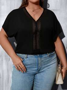SHEIN LUNE Plus Contrast Guipure Lace Dolman Sleeve Tee - Black - View 4