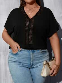 SHEIN LUNE Plus Contrast Guipure Lace Dolman Sleeve Tee - Black - View 5