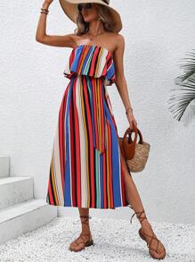 SHEIN VCAY 條紋印花高衩抹胸連衣裙