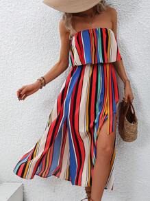 SHEIN VCAY 條紋印花高衩抹胸連衣裙