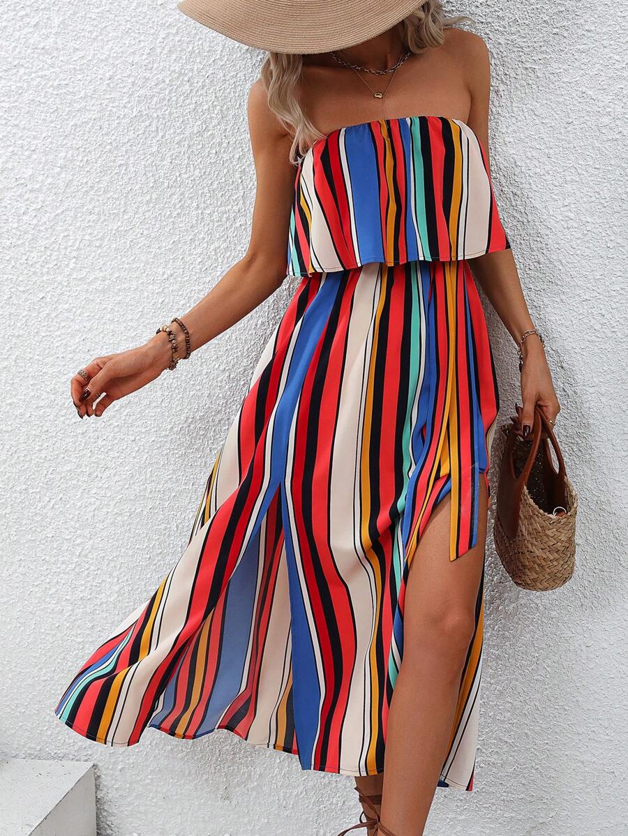 SHEIN VCAY 條紋印花高衩抹胸連衣裙