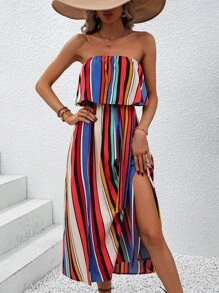 SHEIN VCAY 條紋印花高衩抹胸連衣裙