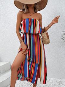 SHEIN VCAY 條紋印花高衩抹胸連衣裙